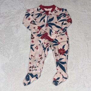 Zippy Jamz Baby Floral Footed One-Piece Pajamas - Pink with Blue Leaf Print